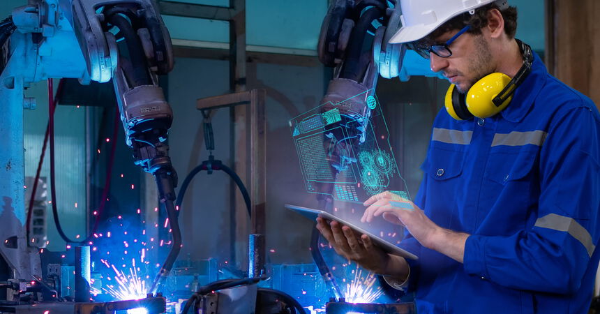 Person überwacht robotergestützte Schweißprozesse mithilfe eines Tablets in einer modernen Produktionsumgebung.