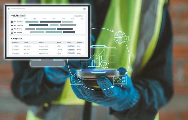 Person nutzt eine digitale Anwendung zur KI-gestützten Produktionsplanung mit Auftrags- und Ressourcendaten.