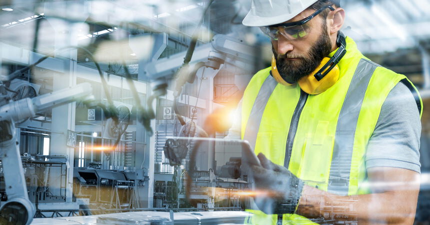 Person nutzt ein Tablet zur Überwachung und Steuerung von Produktionsprozessen in einer modernen Fertigungsanlage.