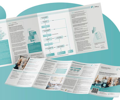 Aufgeschlagene Informationsbroschüren mit Fachinformationen, Grafiken und Praxisbeispielen zu Digitalisierung und Künstlicher Intelligenz in Unternehmen.